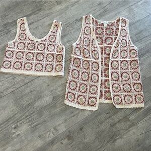 Rachel Zoe 2 pc Cream and Red Crochet Tank Top and Vest Sz S/M LIKE NEW